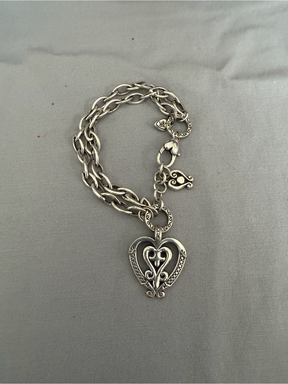 Authentic Brighton Silver Scrolled Heart Double Link Charm Bracelet